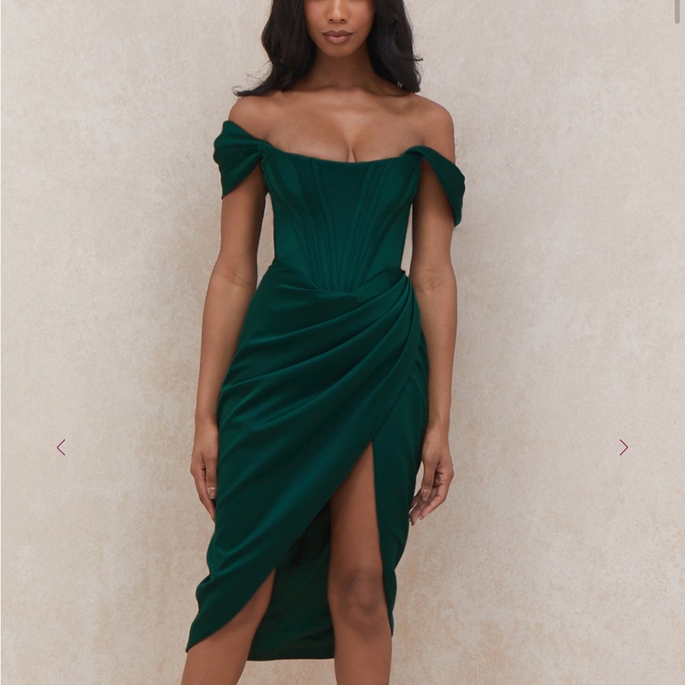 House of CB Loretta Satin Off Shoulder Sages Green Dress